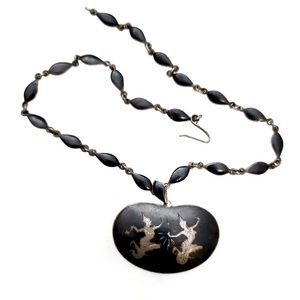 💎Siam Niello/Nielloware 50s Enamel Engraved Sterling Slvr Necklace w/Lg Pendant
